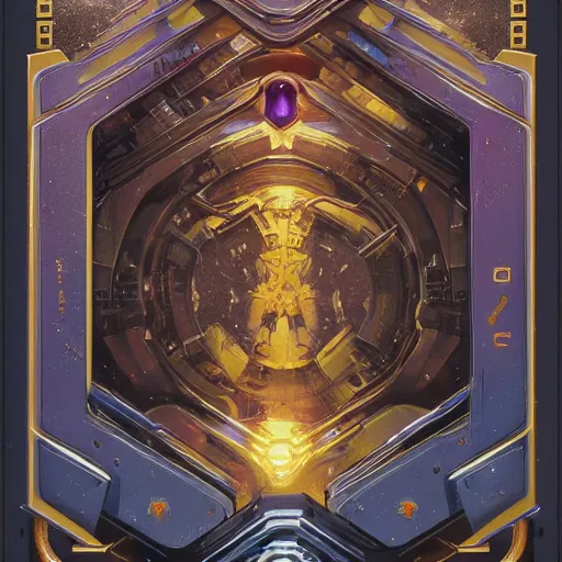 Image similar to Boardgame card back, galaxy, sci-fi, horror, cyberpunk, ornamental edges, sharp, intricate, symmetrical, Lovecraftian, purple, gold, black and blue, tzeentch, by greg rutkowski and alphonse mucha, 8k, trending on artstation, Cenfered-H 768