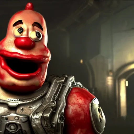 Image similar to burger king kurger bing creepy mascot in gears of war, cinematic shot