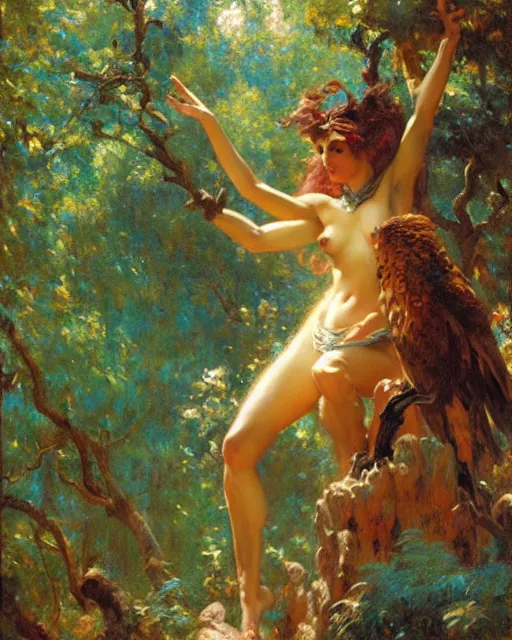 Image similar to griffon emerges from the enchanted forest, painting by gaston bussiere, craig mullins, j. c. leyendecker