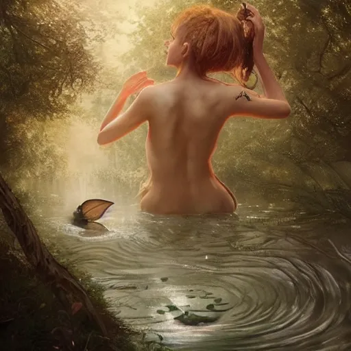 Prompt: forest nymph rising from the water. view from behind, wide angle view, back view. nuri iyem, james gurney, james jean, greg rutkowski, anato finnstark, davinci, emma watson, gigachad. trending on artstation, starlight, and enchanted dreams. instagram, instagram photo shoot