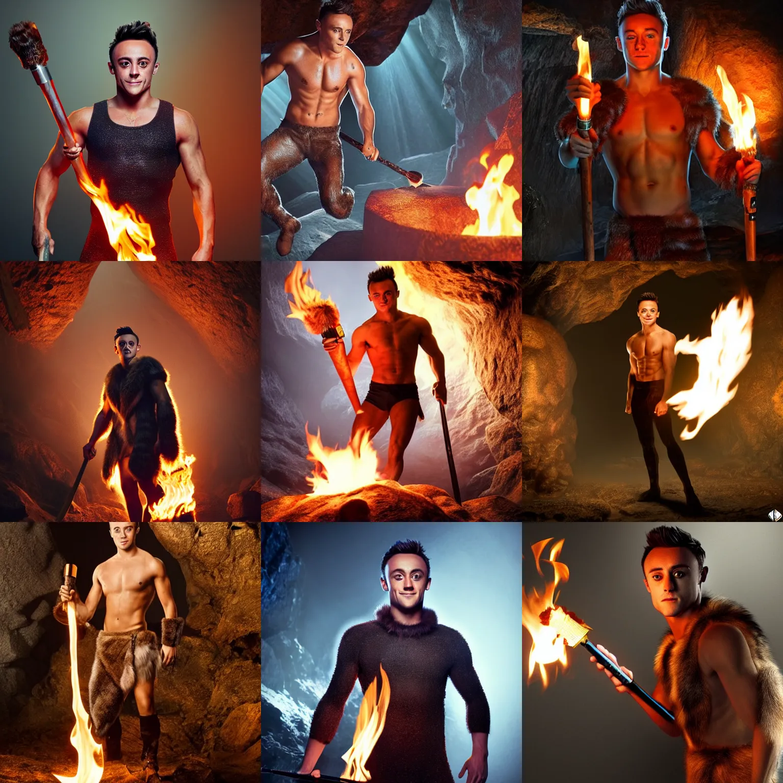 Prompt: Toned Tom Daley wearing a fur barbarian tunic holding a glowing fire torch. In a dark cave. Trending on Artstation octane render ultra detailed art by Ross Tan