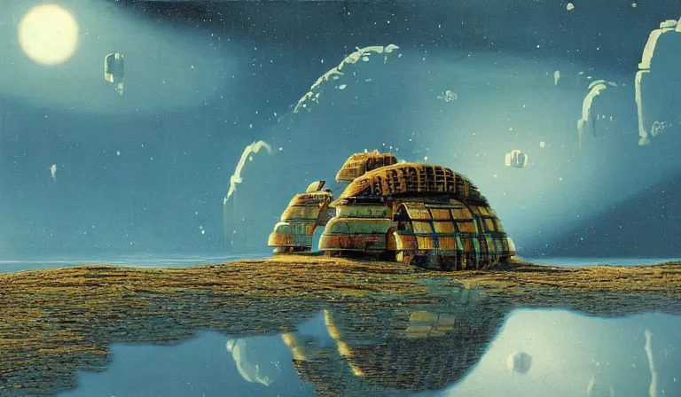 Image similar to A serene landscape with a singular building in the style of Chris Foss.