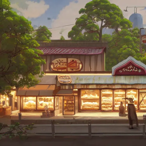 Prompt: concept art painting of a bakery with european and japanese architecture, in a village surrounded by trees, realistic, detailed, cel shaded, in the style of makoto shinkai and greg rutkowski and james gurney