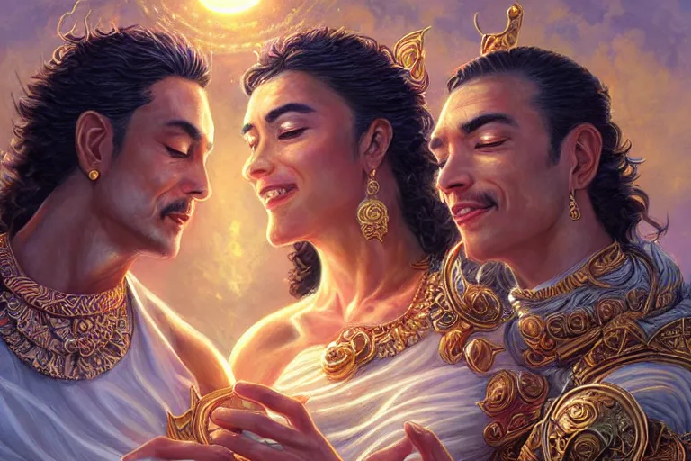 Image similar to close up moment of a divine a sun god and a moon goddess lovers magician at a wedding banquet, highly detailed, d & d, fantasy, highly detailed, digital painting, trending on artstation, concept art, sharp focus, illustration, art by artgerm and greg rutkowski and magali villeneuve