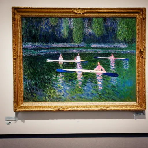 Image similar to An art gallery displaying Monet paintings. The art gallery is flooded. Robots are going around the art gallery using paddle boards