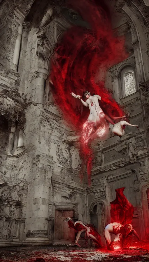 Image similar to demonic female creatures battle astaroth in an abandoned church in the vatican, 8 k, soft lighting, hdr, octane render, cinematic, red fluid on walls of the church, smoke, photorealistic, bokeh