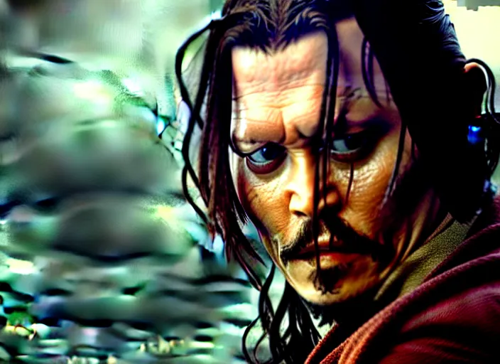 Image similar to filmstill johnny depp the - lord - of - the - rings, 1 0 0 mm lens, canon eos, red cinema camera, frontal view, dynamic pose, intricate, elegant, highly detailed, centered, redshift, octane, smooth, sharp focus, zeiss lens,