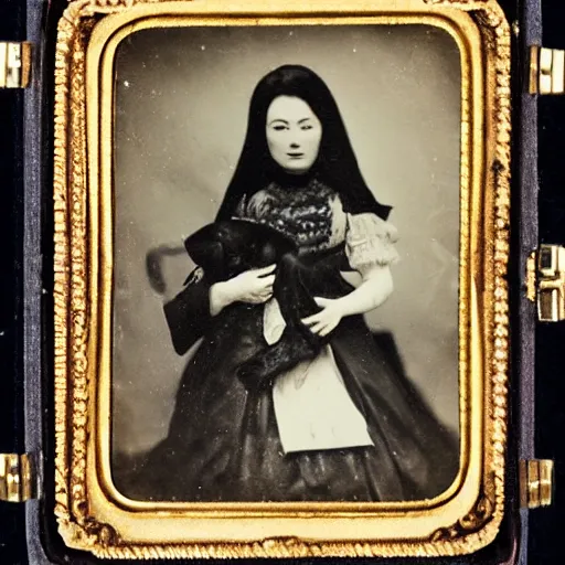 Prompt: daguerreotype photograph of an akita inu in fancy victorian dress