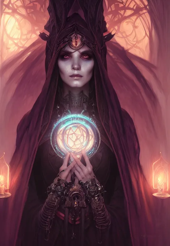 Image similar to Necromancer Sorceress in center, fantasy magic, undercut hairstyle, dark light night, intricate, elegant, sharp focus, illustration, highly detailed, digital painting, concept art, matte, art by WLOP and Artgerm and Greg Rutkowski and Alphonse Mucha, masterpiece