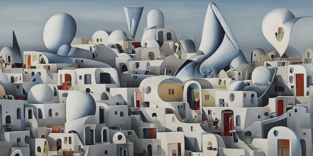 Image similar to a painting of abstract buildings like santorini by zaha hadid and yves tanguy and aaron horkey