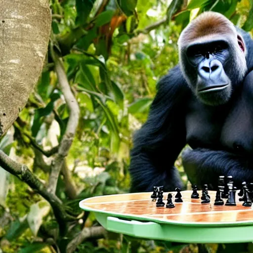 Prompt: A gorilla playing chess while eating pudding in a tree, On the television show Baywatch