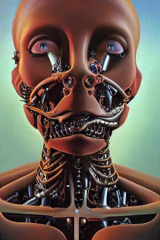 Prompt: beautiful oil painting portrait of biomechanical woman face connected to the machine by chesley bonestell, wayne barlowe, complex, stunning, realistic skin color, 4 k, high res, awardwinning, masterpiece, realistic lighting