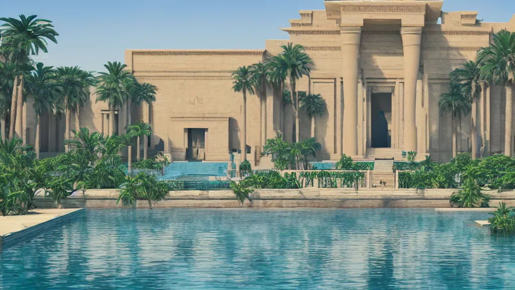 Prompt: a photograph of the front of a new egyptian palace, with a small pool in front, exterior view, close - up, mid - day, palm trees and lush vegetation, hieroglyphs on the buildings, ray - traced reflections of the buildings and trees in the water