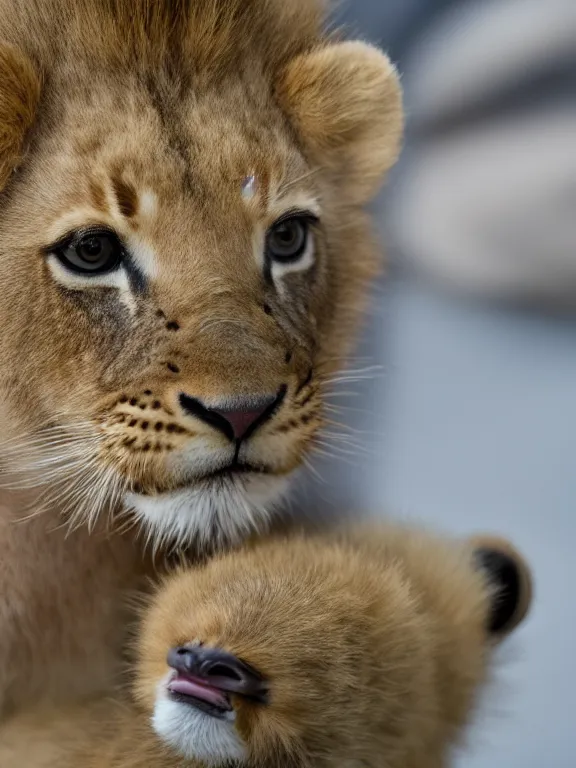 Image similar to 4K HD, high detail photograph, shot with Sigma f/ 4.2 , 250 mm sharp lens, shallow depth of field : (subject= baby lion playing with a baby duck., high detailed light refraction , high level texture render)