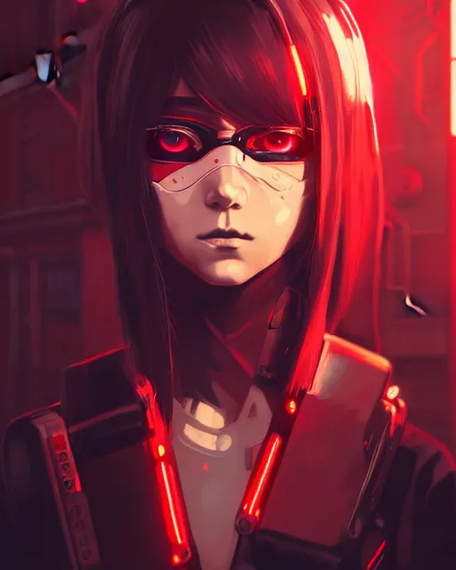 Prompt: a detailed potrait of a cyberpunk cyborg girl with black and red parts, perfect face, realistic shaded perfect face, detailed. night setting. very anime style. realistic shaded lighting poster by ilya kuvshinov katsuhiro, unreal engine, global illumination, radiant light, detailed and intricate environment