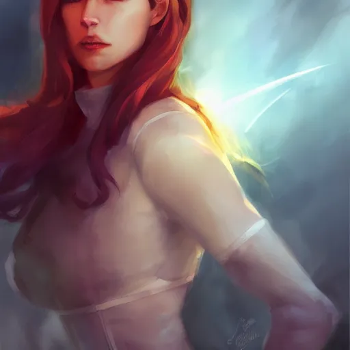 Image similar to jean grey, a half body of jean grey, comic, x - men, marvel, vivid colors, soft lighting, atmospheric, cinematic, moody, in the style of krenz cushart, oil on canvas, 8 k