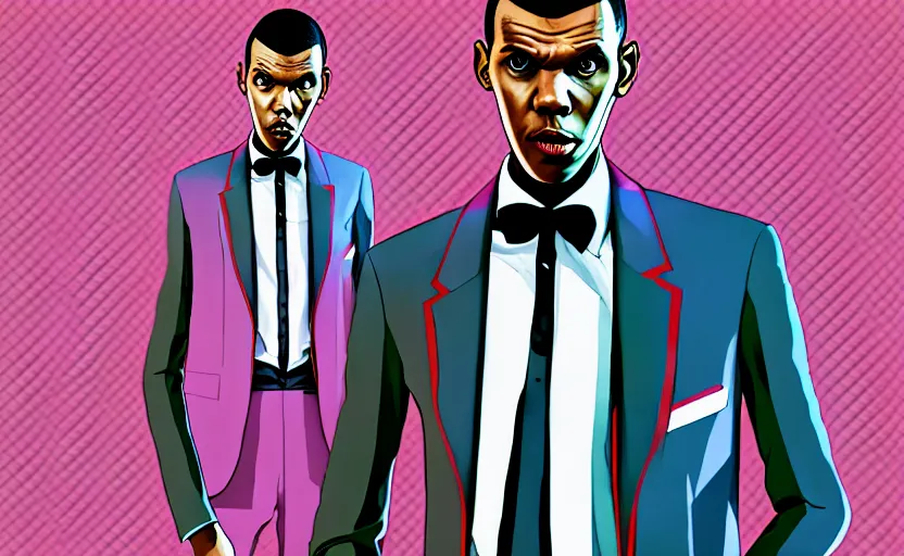 Prompt: Stromae in GTA V loading screen by Stephen Bliss, outline, centered, covert art, GTA