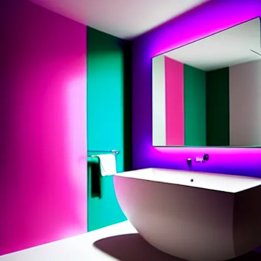 Image similar to a large bathroom, colorful, bright, designed by zaha hadid