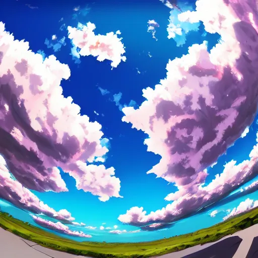 Image similar to anime clouds, sky, digital painting, trending on artstation, fisheye perspective, highly detailed
