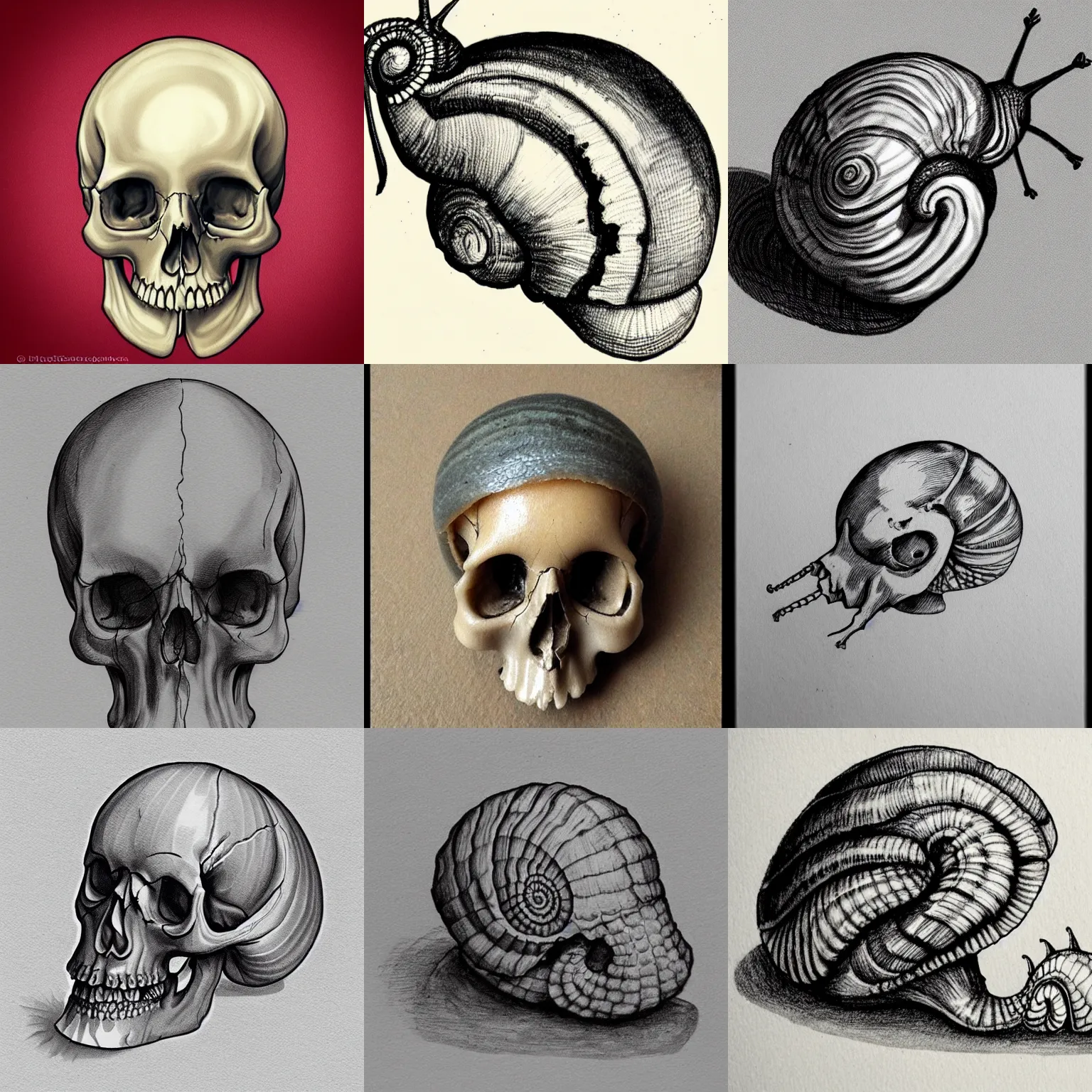 Prompt: snail!!! with human skull shell, realism, intricate