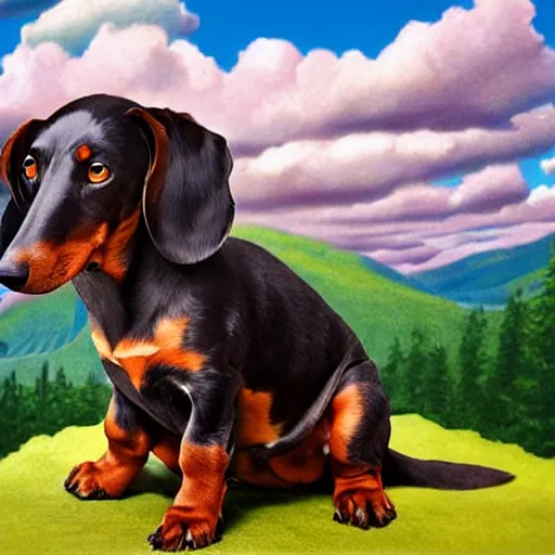 Prompt: black and brown dachshund sitting on top of a hill, matte painting, cartoon