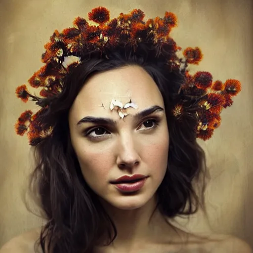 Image similar to fine art photo of the beauty gal gadot, she has a crown of dried flowers done by oleg oprisco