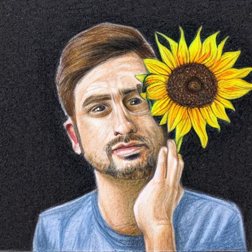 Image similar to long shot portrait, man with a sunflower instead of a head wearing a business suit, color pencil sketch