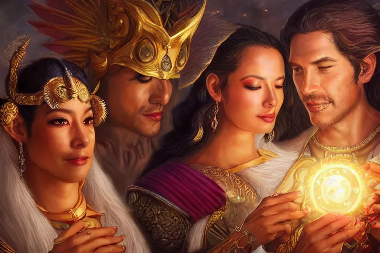 Image similar to close up moment of a divine a sun god and a moon goddess lovers magician at a wedding banquet, highly detailed, d & d, fantasy, highly detailed, digital painting, trending on artstation, concept art, sharp focus, illustration, art by artgerm and greg rutkowski and magali villeneuve