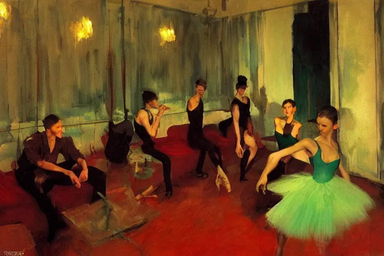 Prompt: ballet dancers drinking brutal and raw wine, inside a tiny green room with red lights by joaquin sorolla, greg rutkowski, bill sienckiwicz, extremely detailed