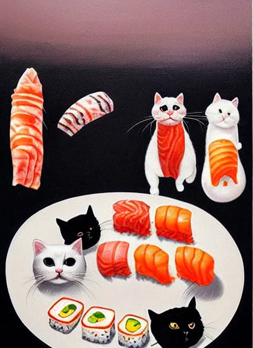 Image similar to clear surrealist painting of adorable cats made out of sushi