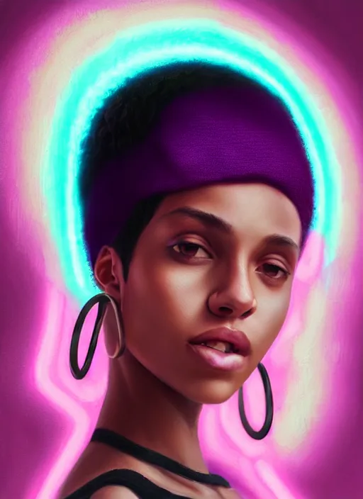 Image similar to portrait of teenage vanessa morgan with bright pink hair, black girl, curly pixie cut hair, wearing a purple breton cap, breton cap, hoop earrings, intricate, elegant, glowing lights, highly detailed, digital painting, artstation, concept art, smooth, sharp focus, illustration, art by wlop, mars ravelo and greg rutkowski