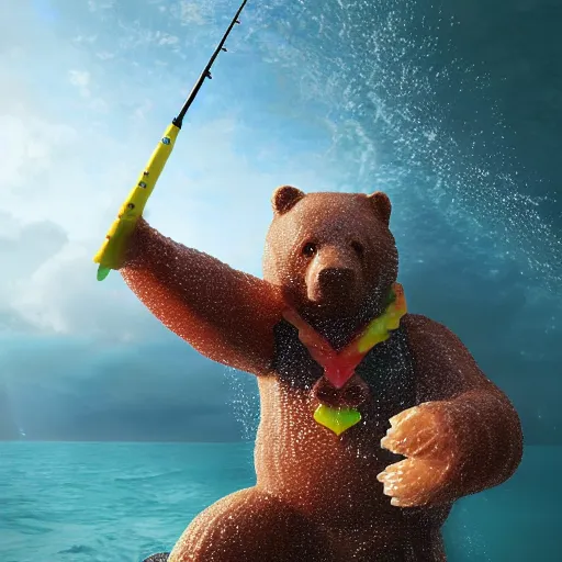 Prompt: life - sized gummi bear is deep sea fishing in a sportfisherman boat. he is fishing for swedish fish candy and using gummi worm candy as bait. photorealistic digital art, epic fantasy, dramatic lighting, cinematic, extremely high detail, cinematic lighting, trending, artstation, cgsociety, 3 d ue 5, 4 k, hq