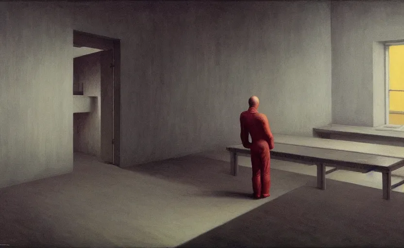 Image similar to Inside a prison, Edward Hopper and James Gilleard, Zdzislaw Beksinski, Mark Ryden, Wolfgang Lettl highly detailed, hints of Yayoi Kasuma