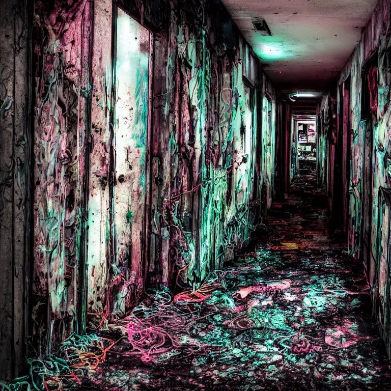 Prompt: dark decaying hallway with slime covered walls, wires and 1980's televisions scattered around, neon ambient lighting, vibrant colors, in the style of street photography,