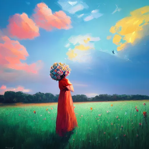 Image similar to girl with a giant carnation head, surreal photography, flower field, sunset dramatic light, impressionist painting, colorful clouds, blue sky, digital painting, artstation, simon stalenhag