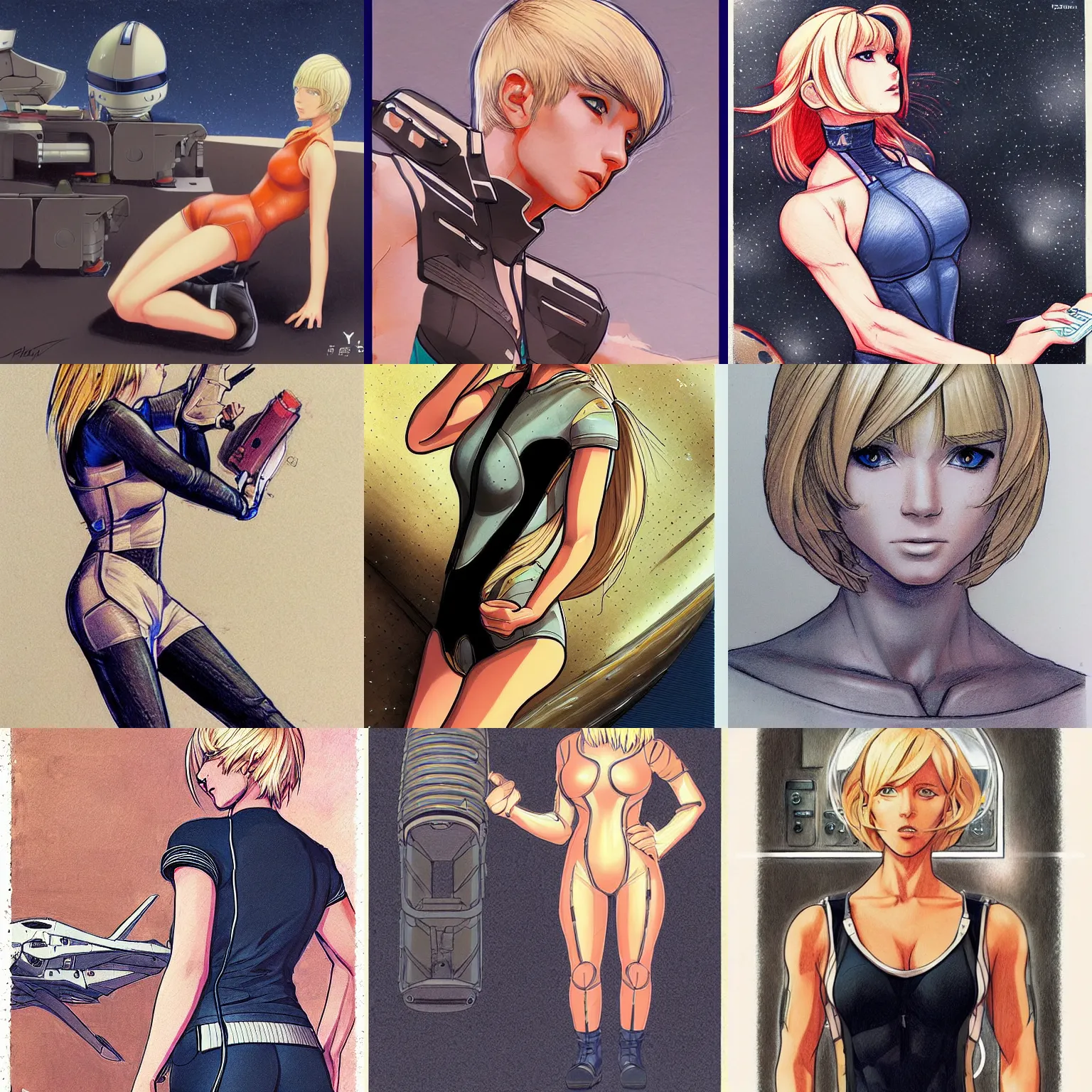 Prompt: spaceship mechanic at work, blonde, bodysuit, finely illustrated face, highly detailed, colored pencil, tankobon, in the style of ilya kuvshinov