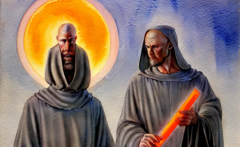 Image similar to a hyperrealist watercolor concept art of a medieval monk in grey robes with an orange sunset sky. a stargate is in the background and an blue sky is seen through the stargate. very muted colors, by rebecca guay, michael kaluta, charles vess. high detail, hq, wide shot, 4 k