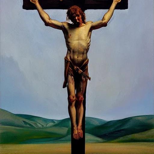 Image similar to Oil painting of a man in a crucified on a wooden cross by Lucian Freud, Abstract brush strokes, Masterpiece, Edward Hopper and James Gilleard, Zdzislaw Beksinski, Mark Ryden, Wolfgang Lettl highly detailed, hints of Yayoi Kasuma