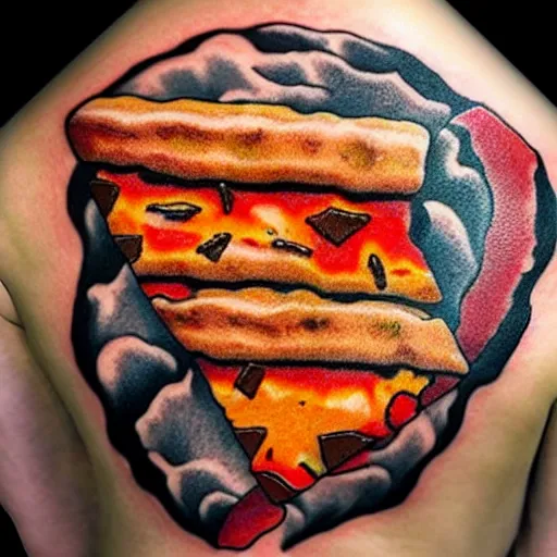 Image similar to tattoo of a slice of pizza made out of lava with rock toppings, red, white, yellow and black ink, hyperdetailed, realistic