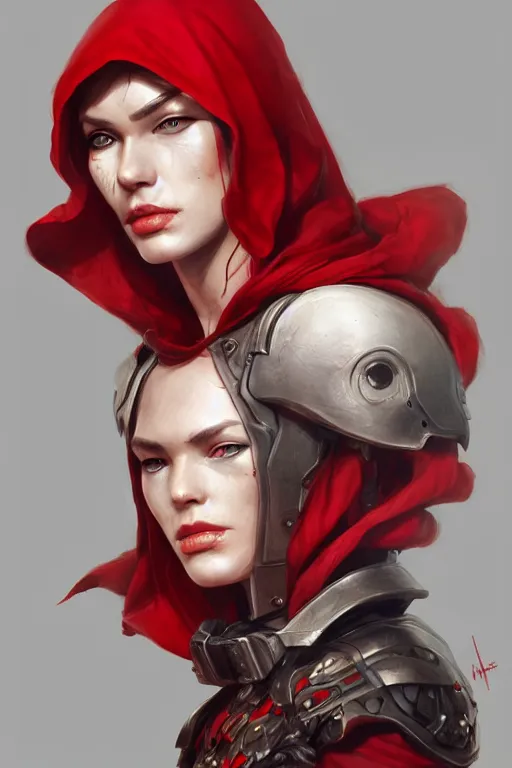 Image similar to cyborg red riding hood, d & d, fantasy, portrait, highly detailed, headshot, digital painting, trending on artstation, concept art, sharp focus, illustration, art by artgerm and greg rutkowski and magali villeneuve