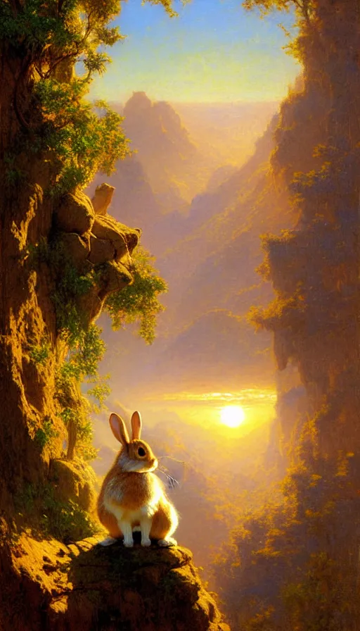 Image similar to hyper realistic rabbit looking off of a cliff, sun setting behind rabbit, lush forest in valley below, painted by james gurney, gaston bussiere, craig mullins, j. c. leyendecker 8 k