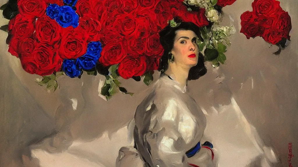 Prompt: portrait of rebekah delrio in lynch pattern, big persian detailed pot of red roses, blue and red lights painted by john singer sargent