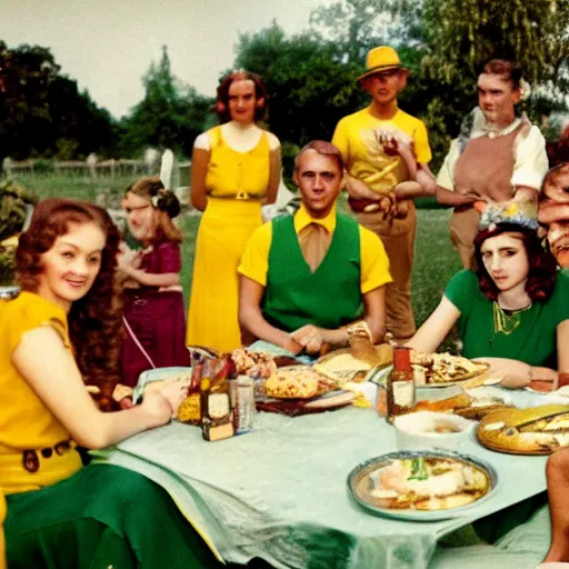 Image similar to an image of a queen with tan skin long rippling cinnamon hair and emerald colored eyes in a full shot, vintage historical fantasy 1 9 3 0 s kodachrome slide german and eastern european mix. the queen is pictured attending a barbecue for youth volunteers. she is dressed in a yellow ensemble paired with green accessories.