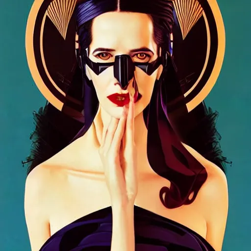 Image similar to Joshua Middleton artwork, wide shot, stunning elegant female Eva Green, futuristic spy, tribal mask, beautiful evil sneer, symmetrical face, symmetrical eyes, leather clothing and boots, long straight golden hair, full body, Indigo occult pattern