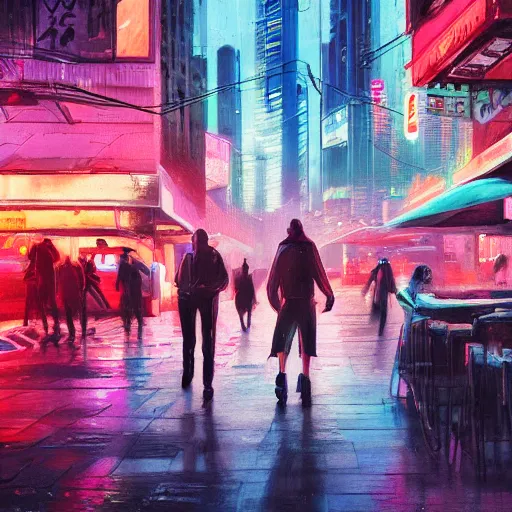 Image similar to Neon city, big street, people walking, Sergey Zabelin, cyberpunk, high detail, photo realistic, art station