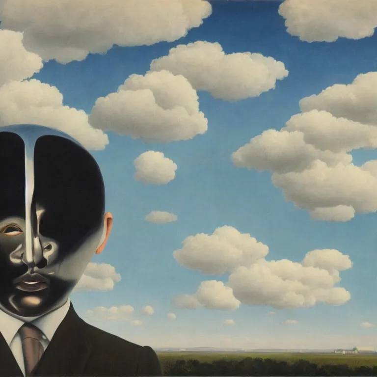 Image similar to portrait of a faceless reflective chrome - head man in a suit and black gloves, clouds and nature landscape in the background, by rene magritte, detailed painting, distance, centered, hd, hq, high resolution, high detail, 4 k, 8 k