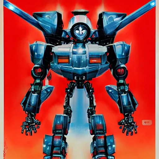 Prompt: mecha robot, symmetrical, movie poster art by drew struzan,