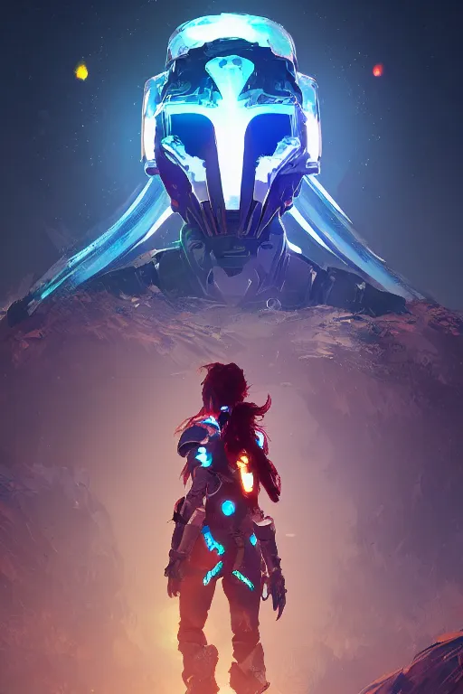 Image similar to combination suit armor aloy horizon forbidden west horizon zero dawn radiating a glowing aura global illumination ray tracing hdr fanart arstation by ian pesty and alena aenami artworks in 4 k tribal robot ninja mask helmet backpack