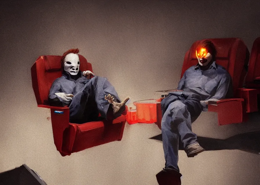 Image similar to painting of Michael Myers sitting in a movie theater seat eating popcorn, sharp focus, face focused, trending on ArtStation, masterpiece, by Greg Rutkowski, by Ross Tran, by Fenghua Zhong, octane, soft render, oil on canvas, moody lighting, high contrast, cinematic, professional environmental concept art