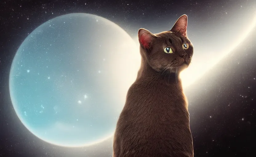Prompt: a cat staring at earth from the side of the abyss, 4K, digital art, volumetric lighting, depth of field, ”